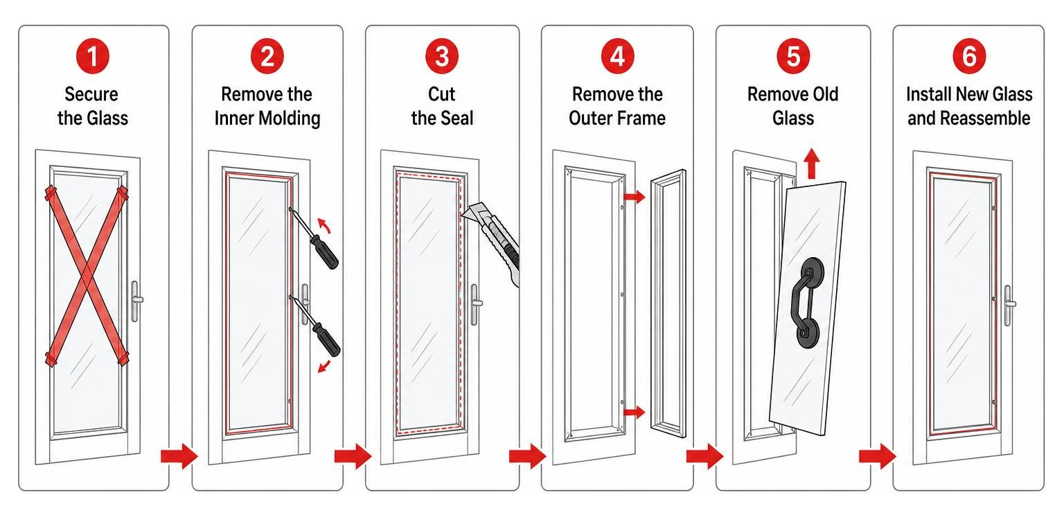 Step-by-step process diagram of sidelight glass replacement execution