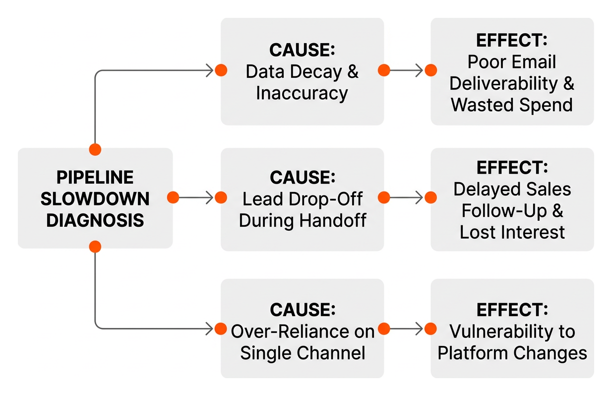 Cause-and-effect flow of diagnosing lead generation bottlenecks Cause-and-effect flow of diagnosing lead generation bottlenecks