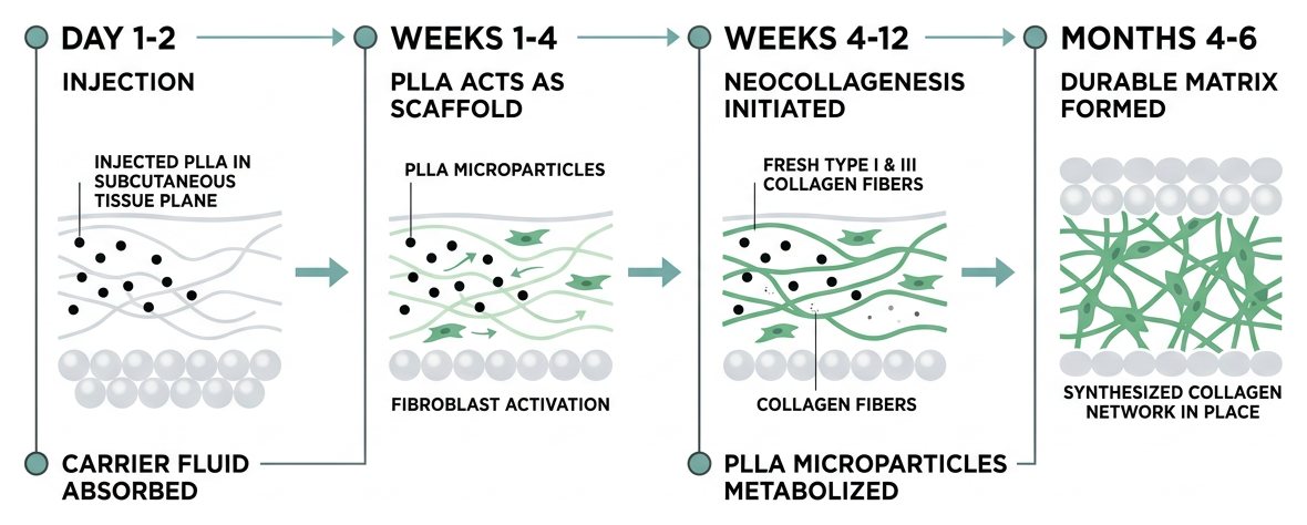 Timeline of Sculptra collagen synthesis from day one to month six