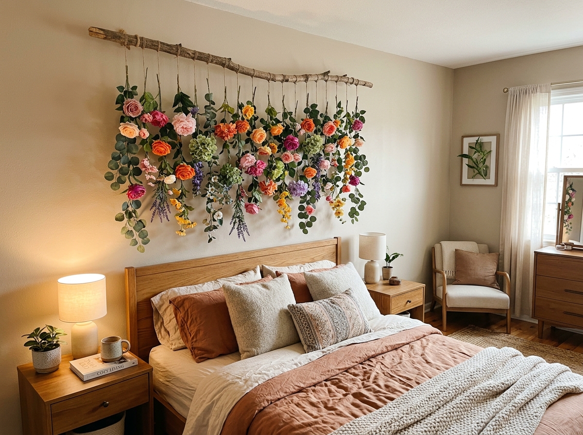 a beautiful hanging flower wall installed above a bed in a cozy bedroom - diy hanging flower wall