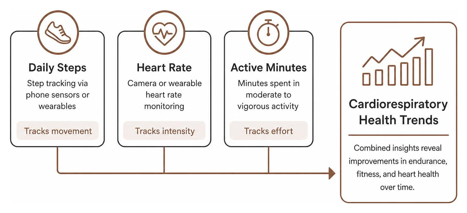 Diagram showing how daily step tracking, camera/wearable heart rate monitoring, and active minutes combine into Diagram showing how daily step tracking, camera/wearable heart rate monitoring, and active minutes combine into