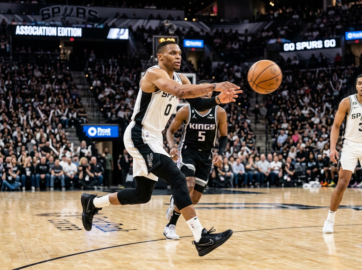 Russell Westbrook making a pinpoint assist during a fast break - spurs vs kings Russell Westbrook making a pinpoint assist during a fast break - spurs vs kings