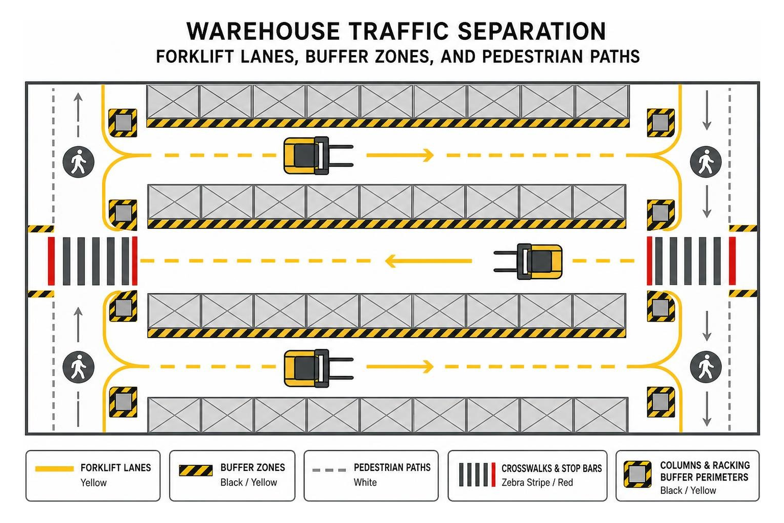 Workflow diagram of warehouse traffic separation: forklift lanes, buffer zones, and pedestrian paths Workflow diagram of warehouse traffic separation: forklift lanes, buffer zones, and pedestrian paths