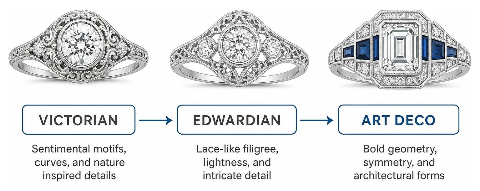 Art Deco design evolution: Victorian sentimentality, Edwardian lace lace, Art Deco geometry
