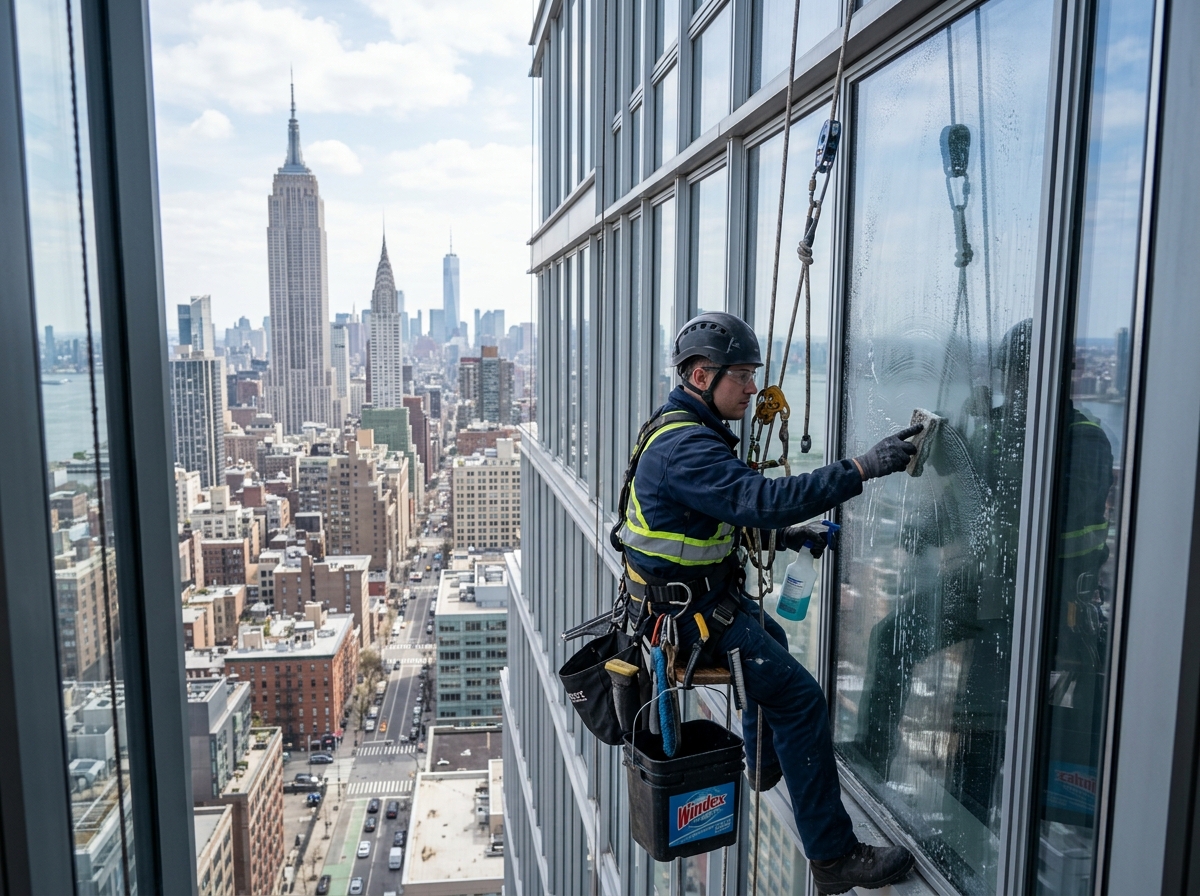 Technician removing hard water stains from Manhattan skyscraper glass - Window cleaning services Manhattan Technician removing hard water stains from Manhattan skyscraper glass - Window cleaning services Manhattan