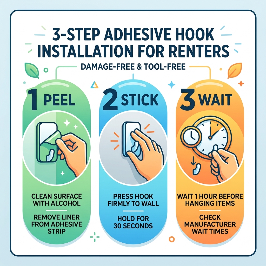Peel Stick Wait infographic: 3-step adhesive hook installation process for renters - adhesive backed wall hooks infographic 