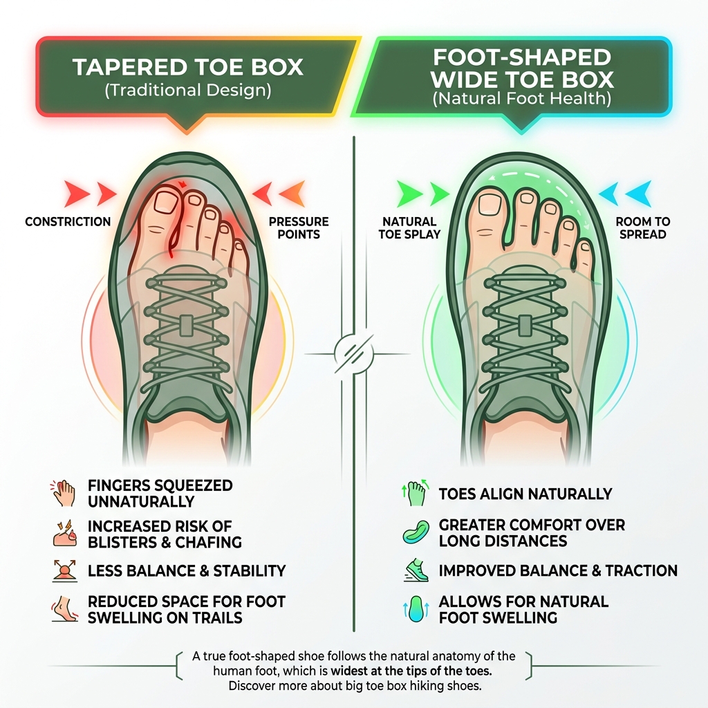 Infographic comparing tapered toe box vs foot-shaped wide toe box hiking shoe designs - big toe box hiking shoes infographic 