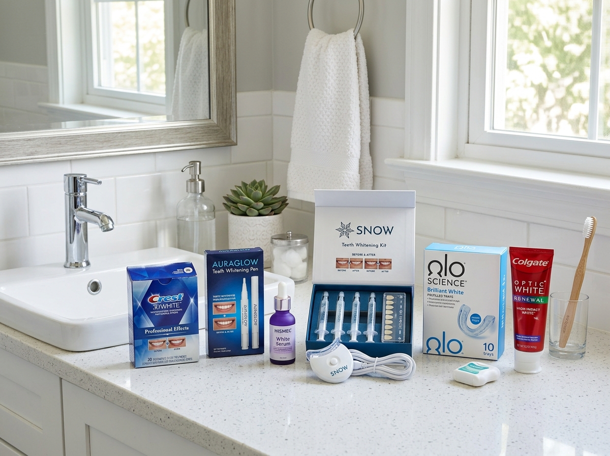 Various whitening products like strips, pens, and LED kits on a bathroom counter - quick teeth whitening at home Various whitening products like strips, pens, and LED kits on a bathroom counter - quick teeth whitening at home