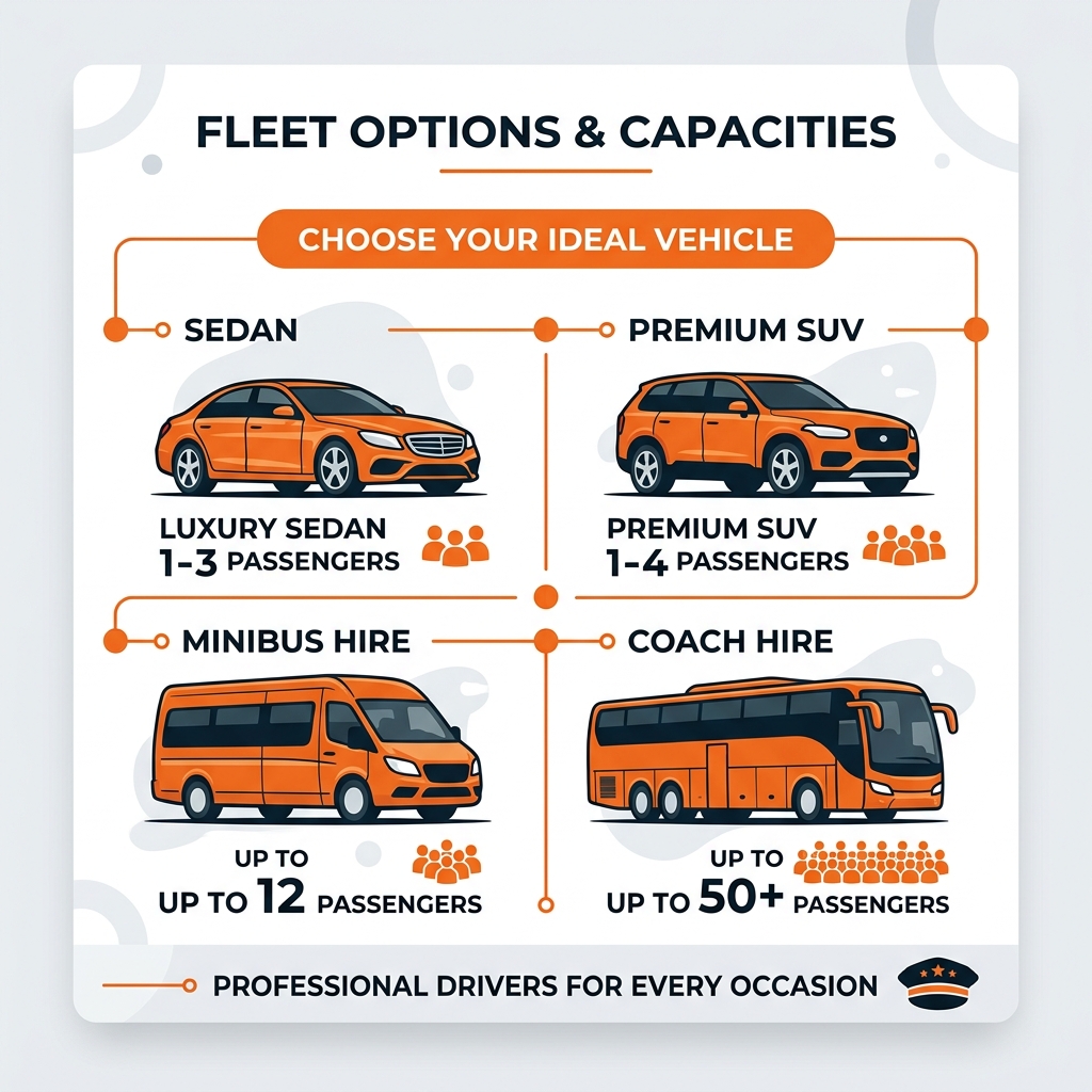 Infographic showing the different types of vehicles available in our fleet and their passenger capacities - Professional Infographic showing the different types of vehicles available in our fleet and their passenger capacities - Professional