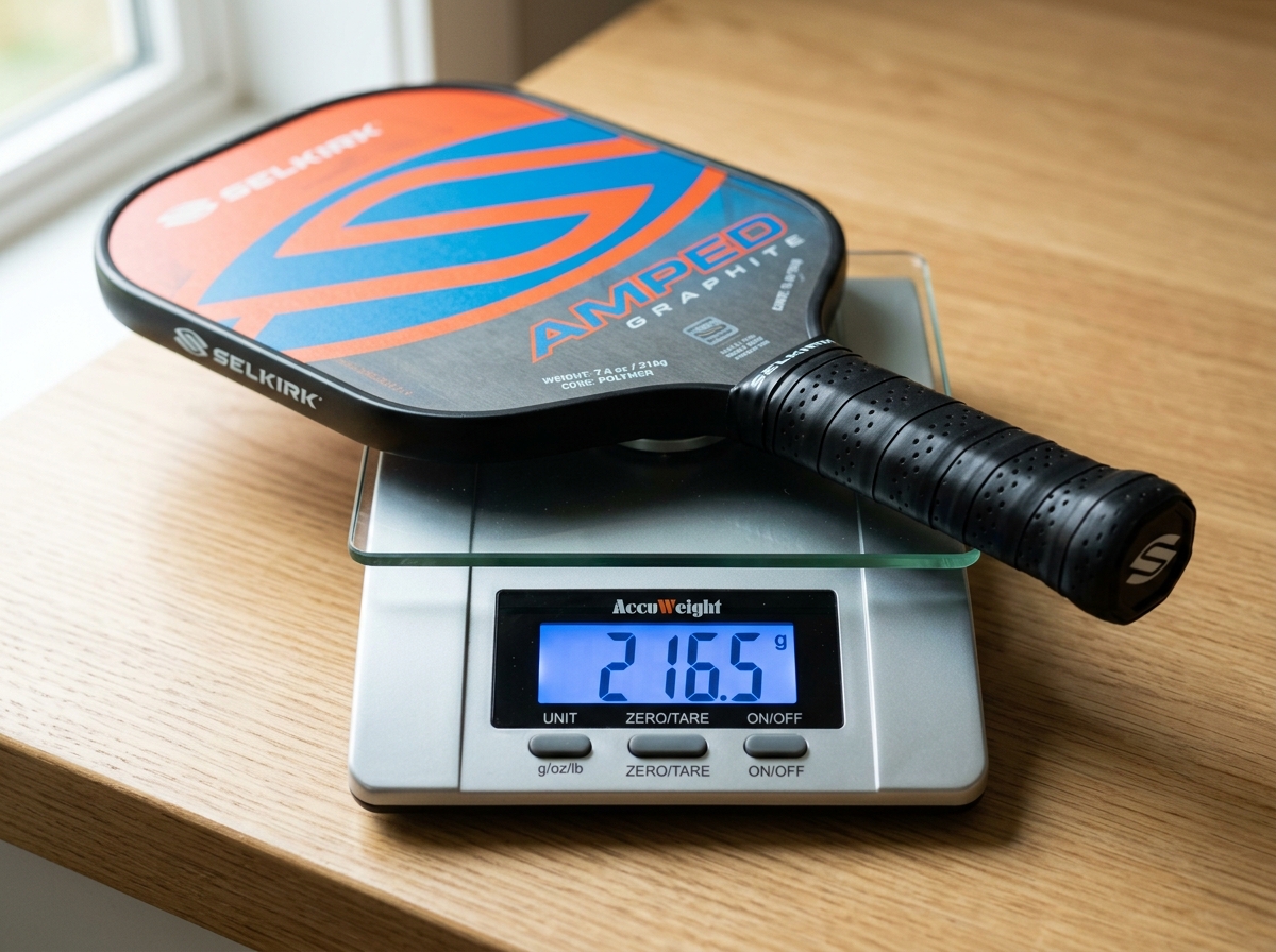 Digital scale measuring a pickleball paddle in grams - pickleball paddle weight placement Digital scale measuring a pickleball paddle in grams - pickleball paddle weight placement