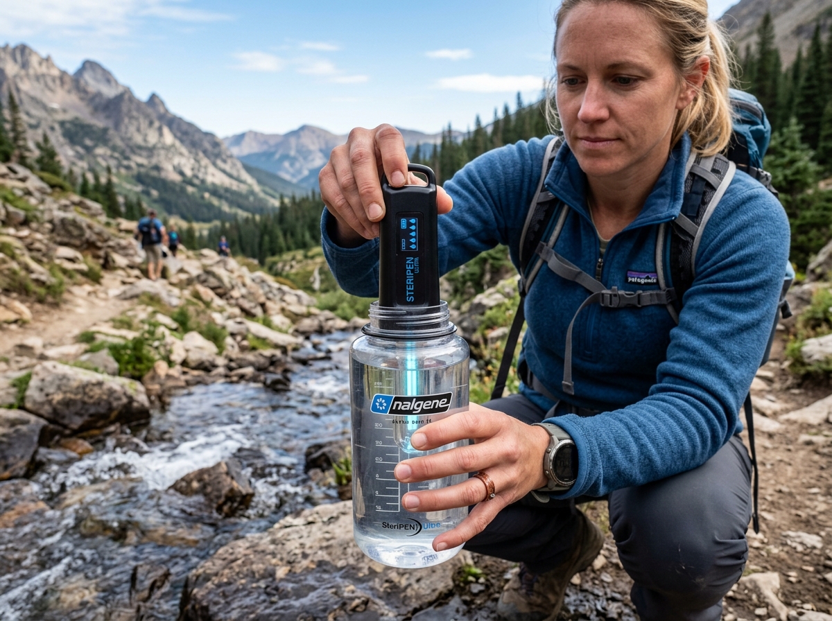 SteriPEN Ultra being used with a wide-mouth Nalgene bottle - top uv purifiers hiking SteriPEN Ultra being used with a wide-mouth Nalgene bottle - top uv purifiers hiking