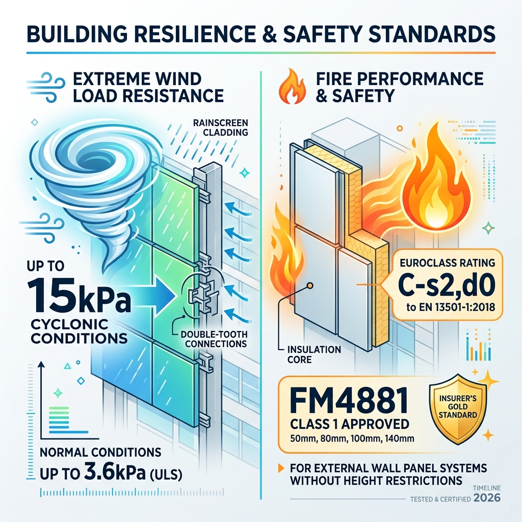 Infographic showing wind load resistance up to 15kPa and Euroclass fire ratings - kingspan rainscreen cladding infographic Infographic showing wind load resistance up to 15kPa and Euroclass fire ratings - kingspan rainscreen cladding infographic