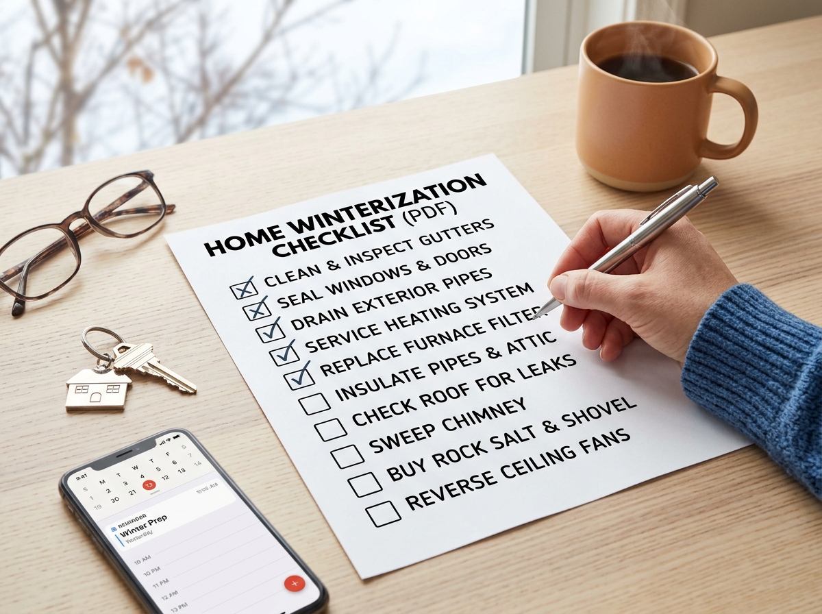 Homeowner reviewing a digital winterization document on a tablet - home winterization checklist pdf Homeowner reviewing a digital winterization document on a tablet - home winterization checklist pdf