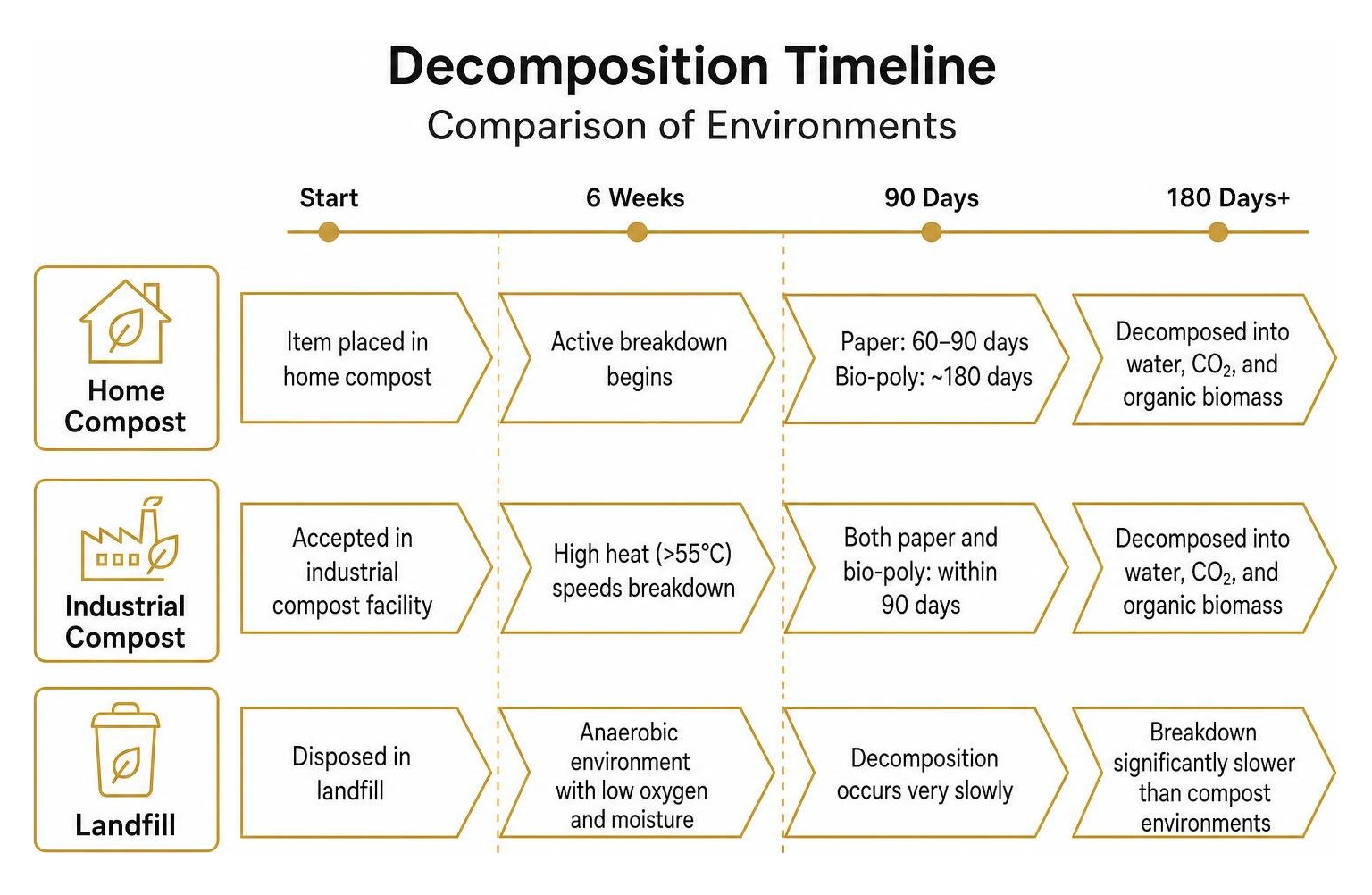 Decomposition timeline comparing home compost, industrial compost, and landfill environments