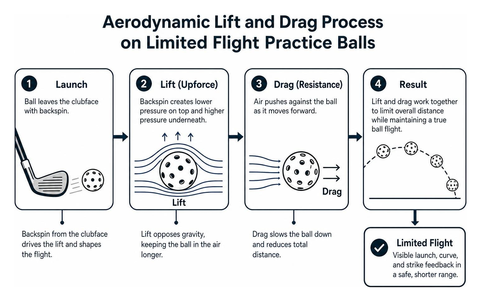 Aerodynamic lift and drag process on limited flight practice balls