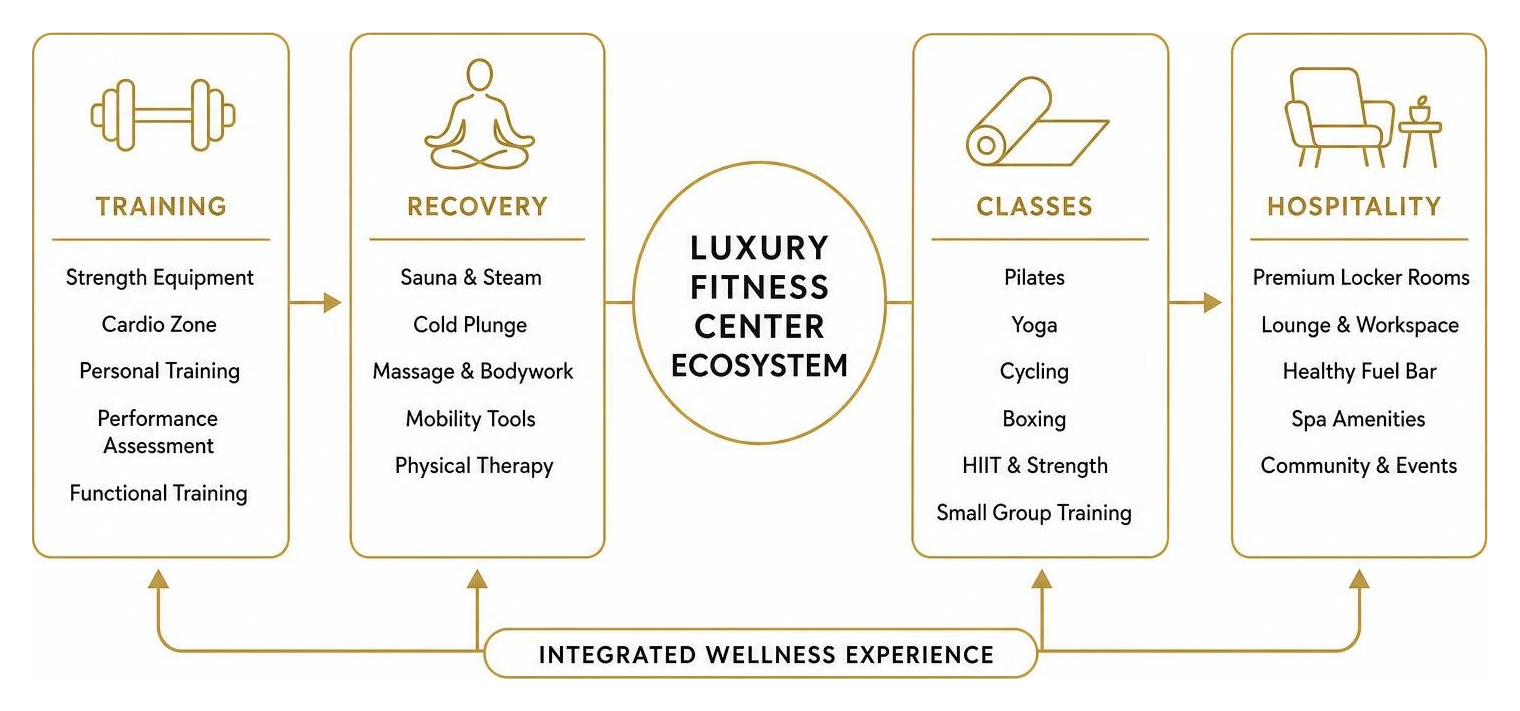 Diagram of luxury fitness center ecosystem showing training, recovery, classes, and hospitality