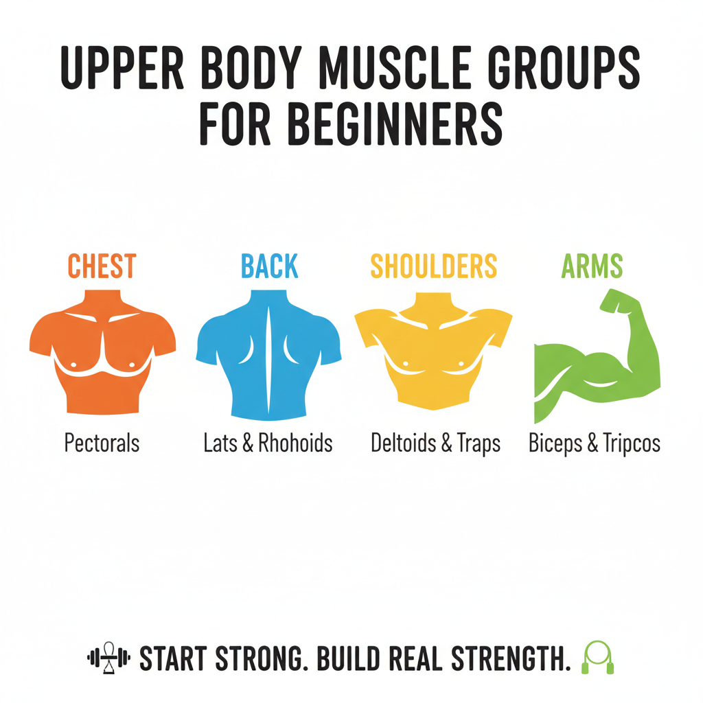 infographic of upper body muscle groups chest back shoulders arms for beginners - simple upper body exercises beginners
