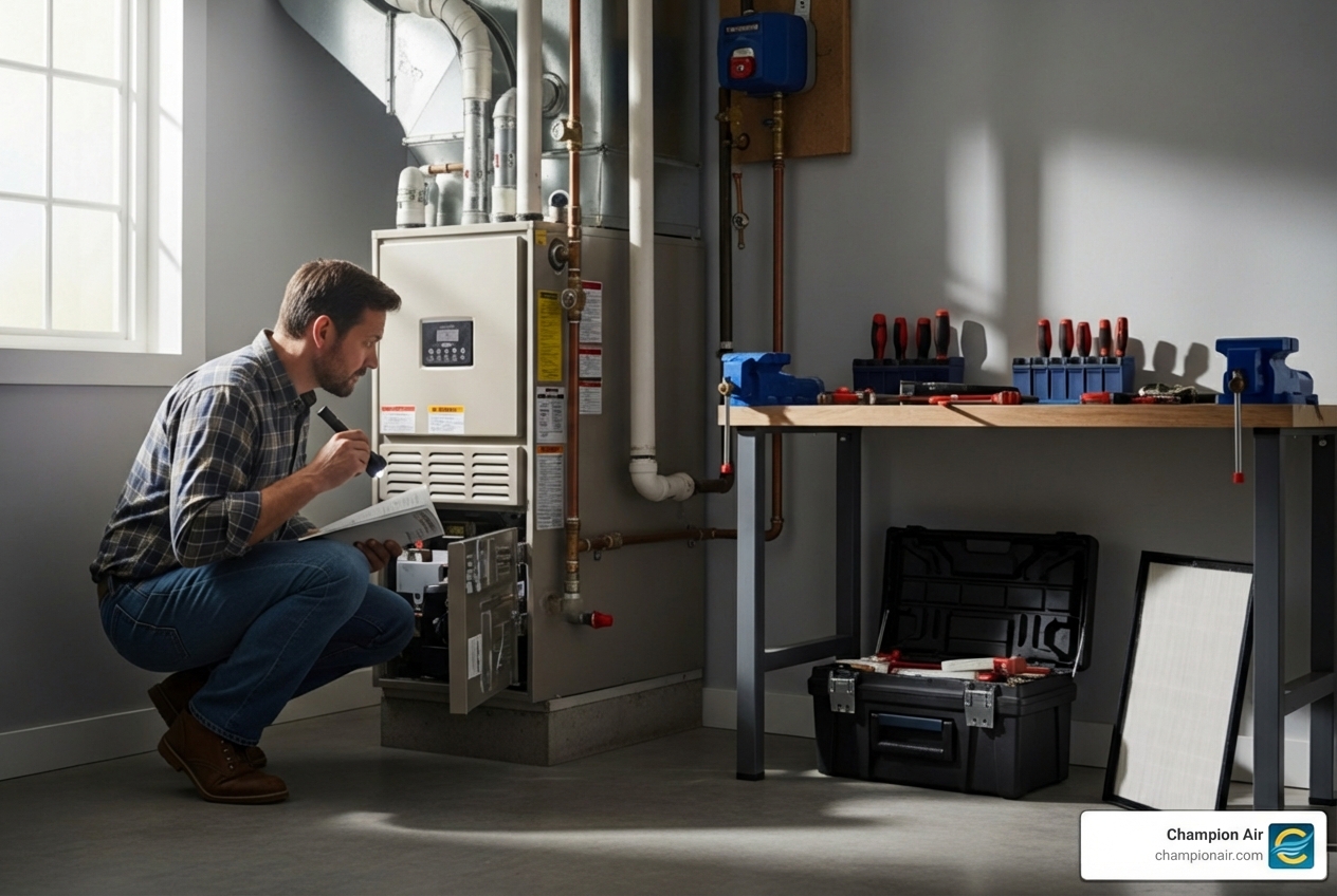 Infographic showing the 5 most common signs a furnace needs repair: uneven heating or cold spots in your home, unusual noises like banging or squealing, yellow or flickering pilot light flame, frequent on-off cycling, and sudden spikes in energy bills - furnace repair in phoenix, az