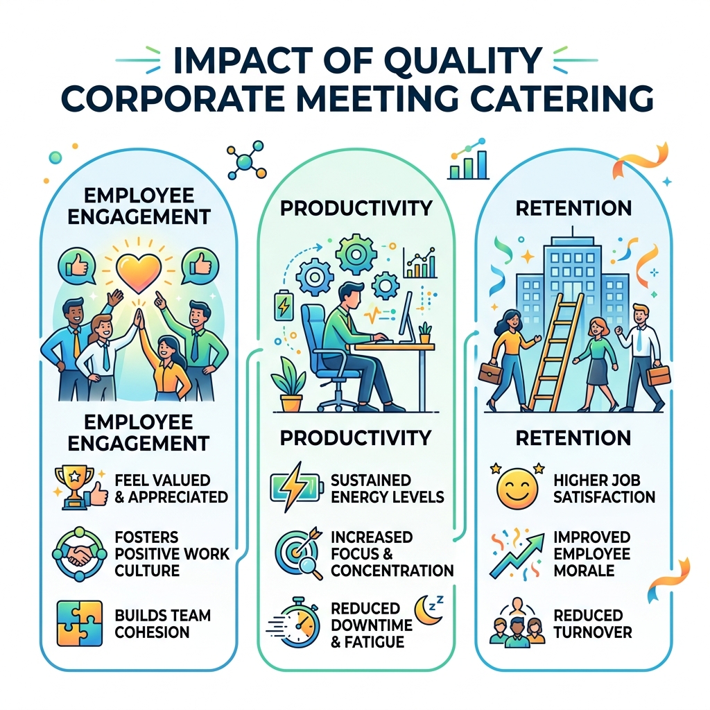 Infographic showing impact of quality corporate catering on employee engagement, productivity, and retention - corporate