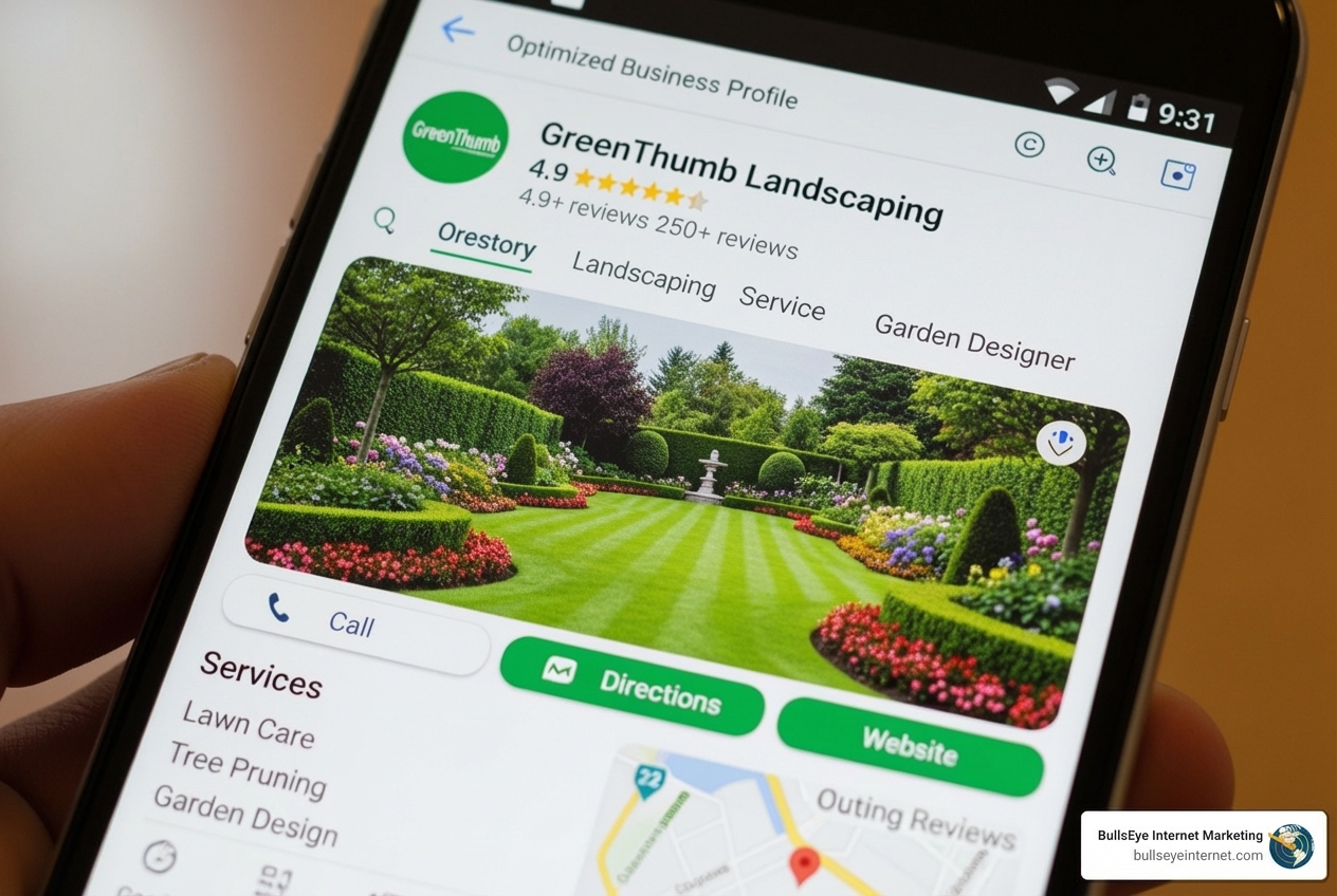 Google Business Profile for GreenThumb Landscaping featuring a beautifully landscaped garden, showcasing services like lawn care and garden design, relevant for local SEO optimization.