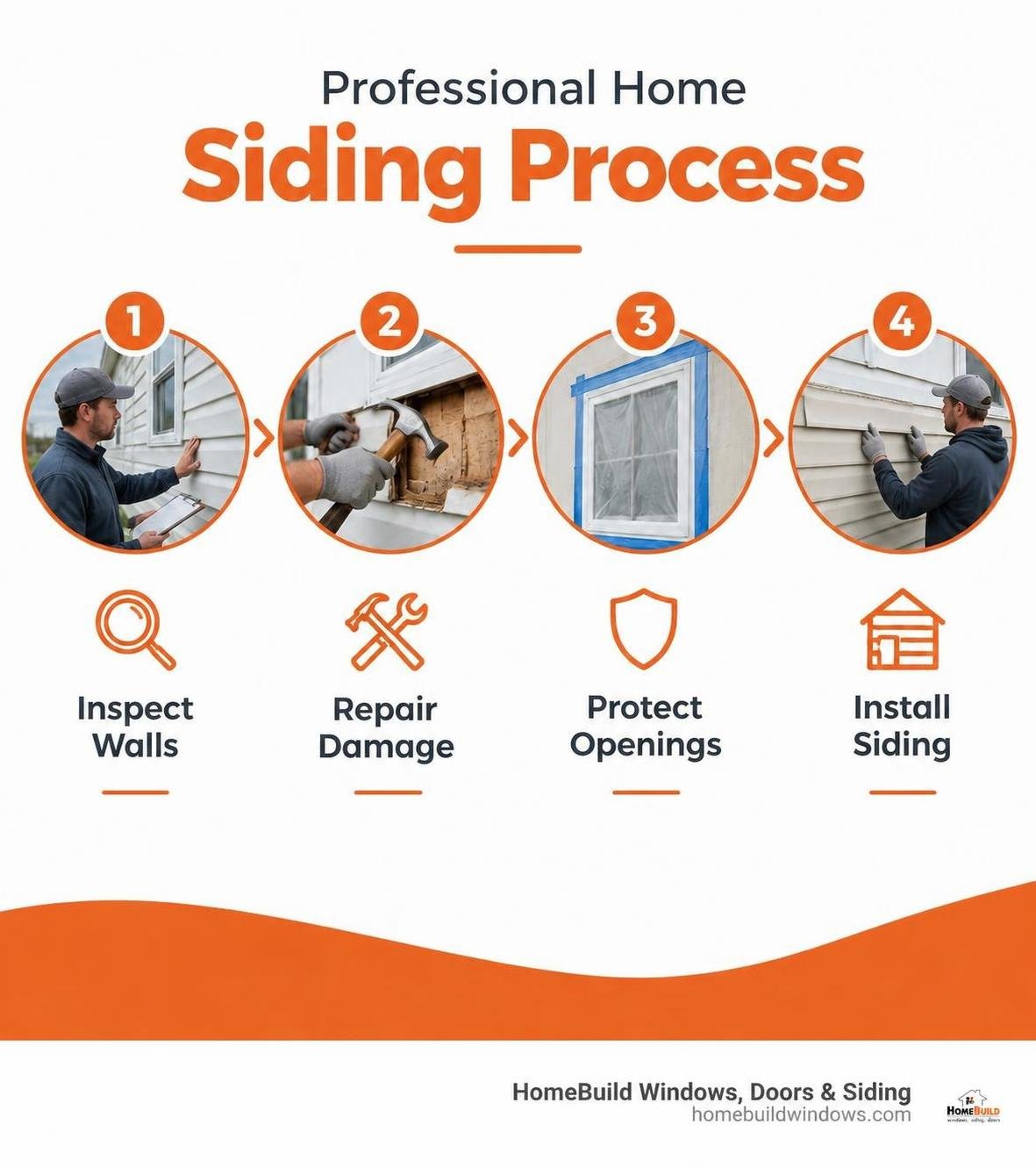 Professional home siding process: inspect walls, repair damage, protect openings, and install siding infographic