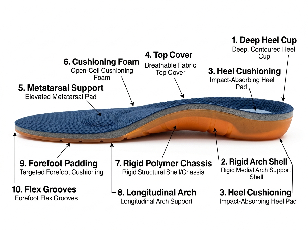 Anatomy of a high-quality insole showing a deep heel cup and rigid arch shell - best arch support inserts Anatomy of a high-quality insole showing a deep heel cup and rigid arch shell - best arch support inserts