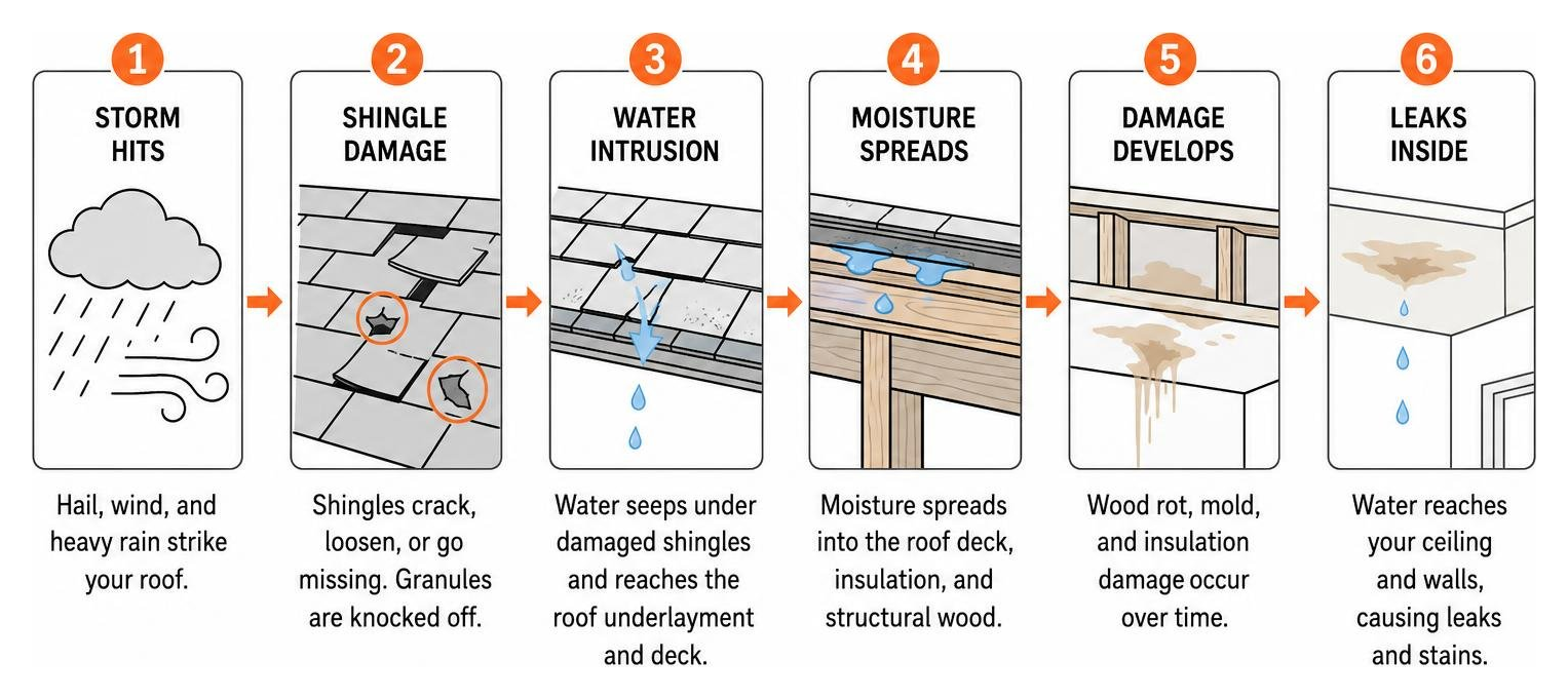 Process of storm damage leading to roof leaks