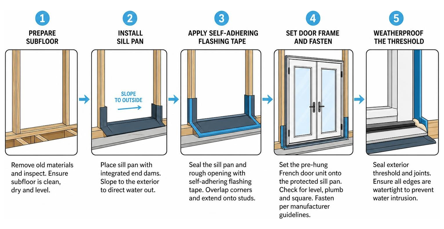 Step-by-step sill pan and weatherproofing process Step-by-step sill pan and weatherproofing process