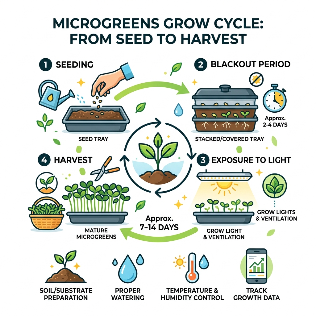 Microgreens grow cycle infographic from seeding to harvest with key stages labeled - microgreens yield tracking app