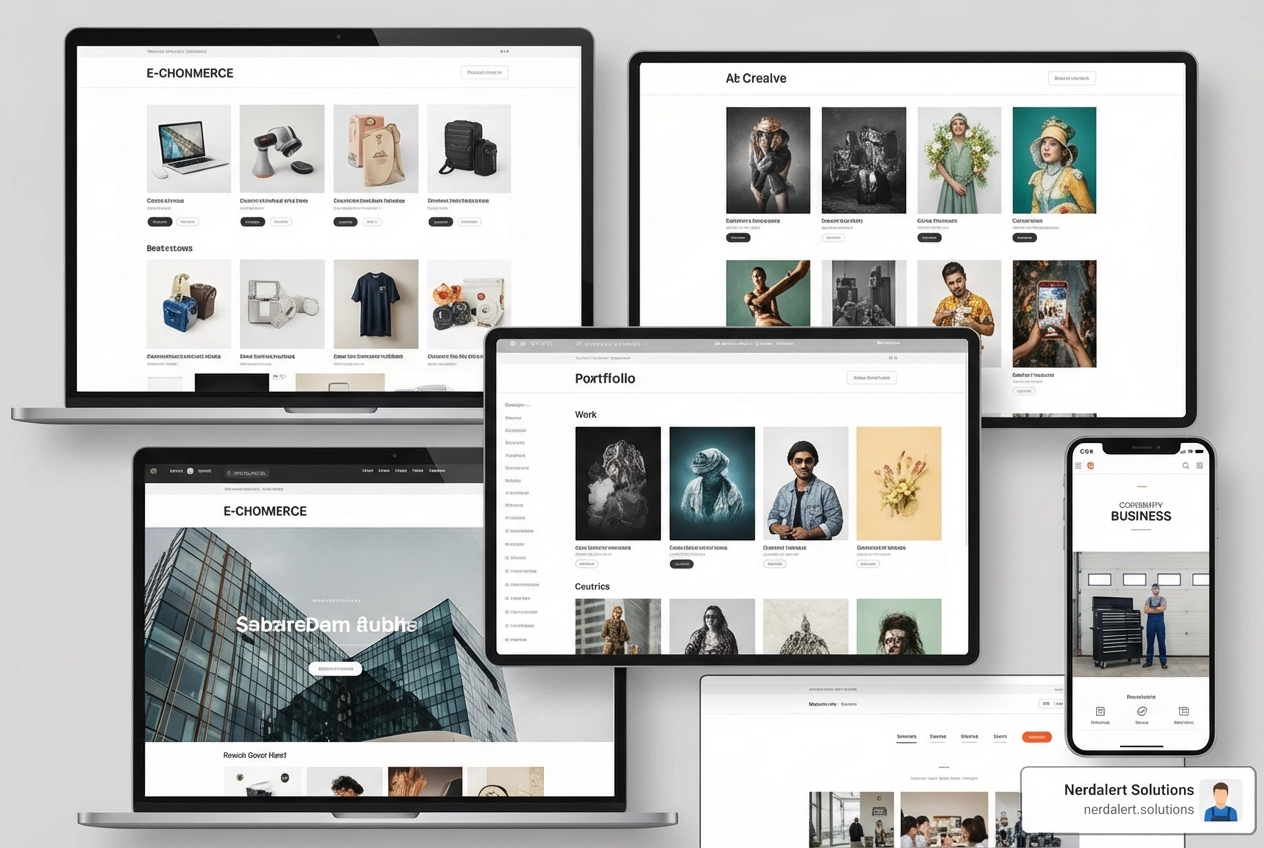 collage showing different website types (e-commerce, portfolio, corporate) - website developers riverside