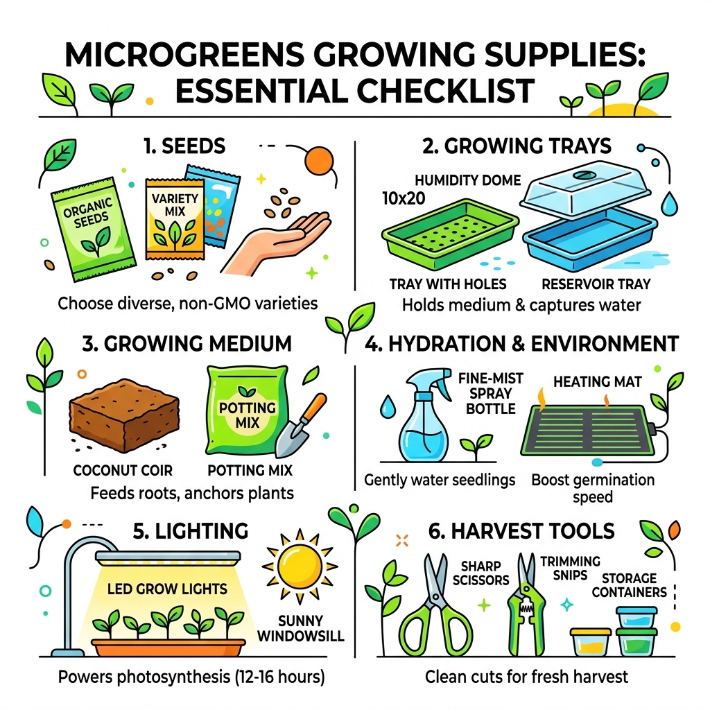 Infographic showing essential microgreens growing supplies checklist from seeds to harvest tools - microgreens growing
