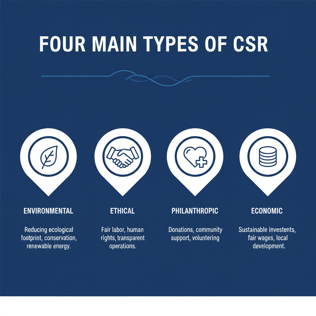 infographic explaining the four main types of CSR: Environmental, Philanthropic, Ethical, and Economic - csr initiatives examples infographic