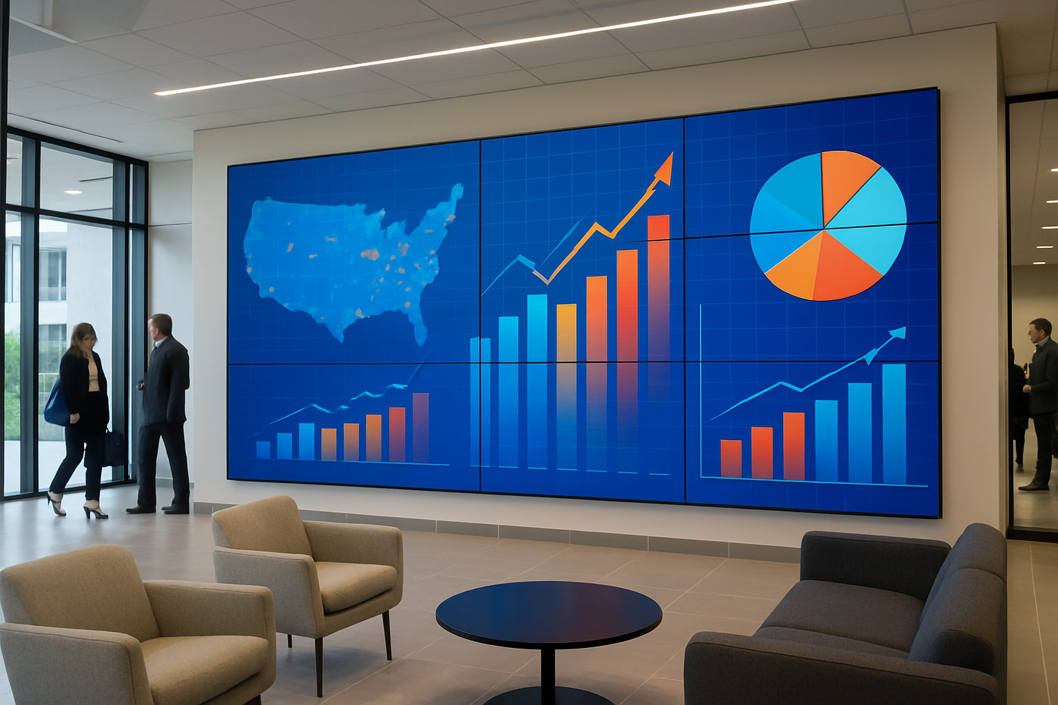 Seamless video wall display in corporate lobby - digital advertising screens