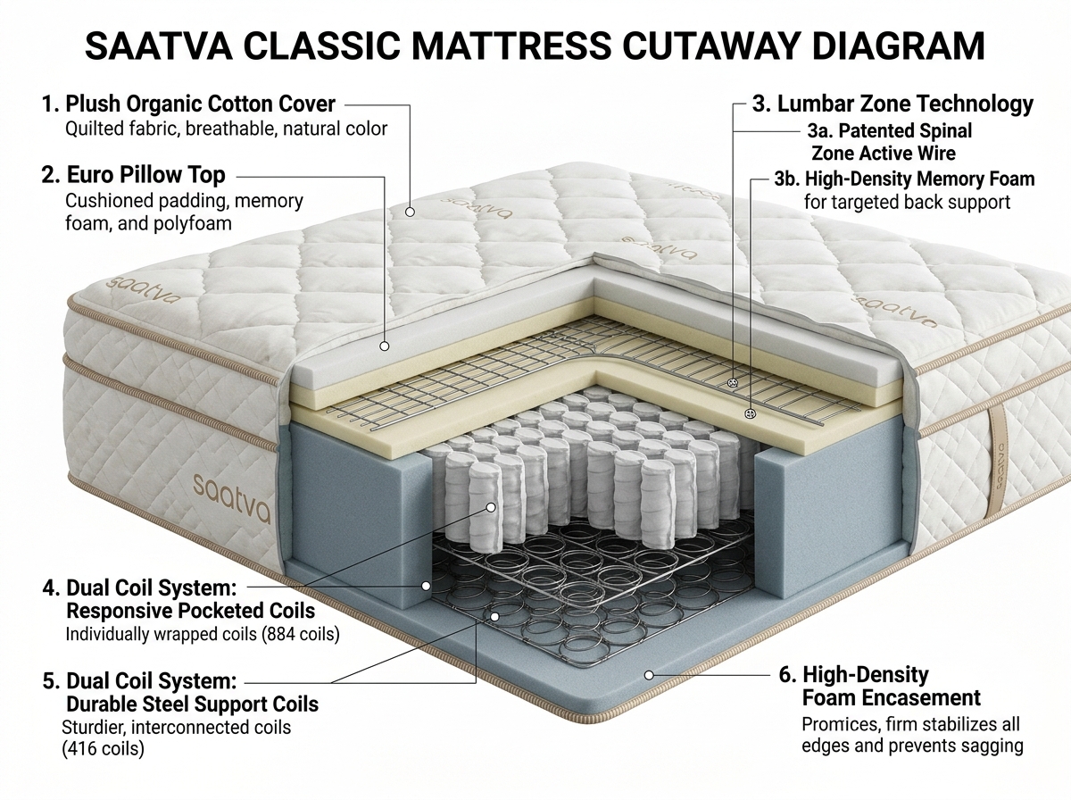 Diagram showing the internal layers of the Saatva Classic mattress including dual coils and lumbar support - saatva classic Diagram showing the internal layers of the Saatva Classic mattress including dual coils and lumbar support - saatva classic