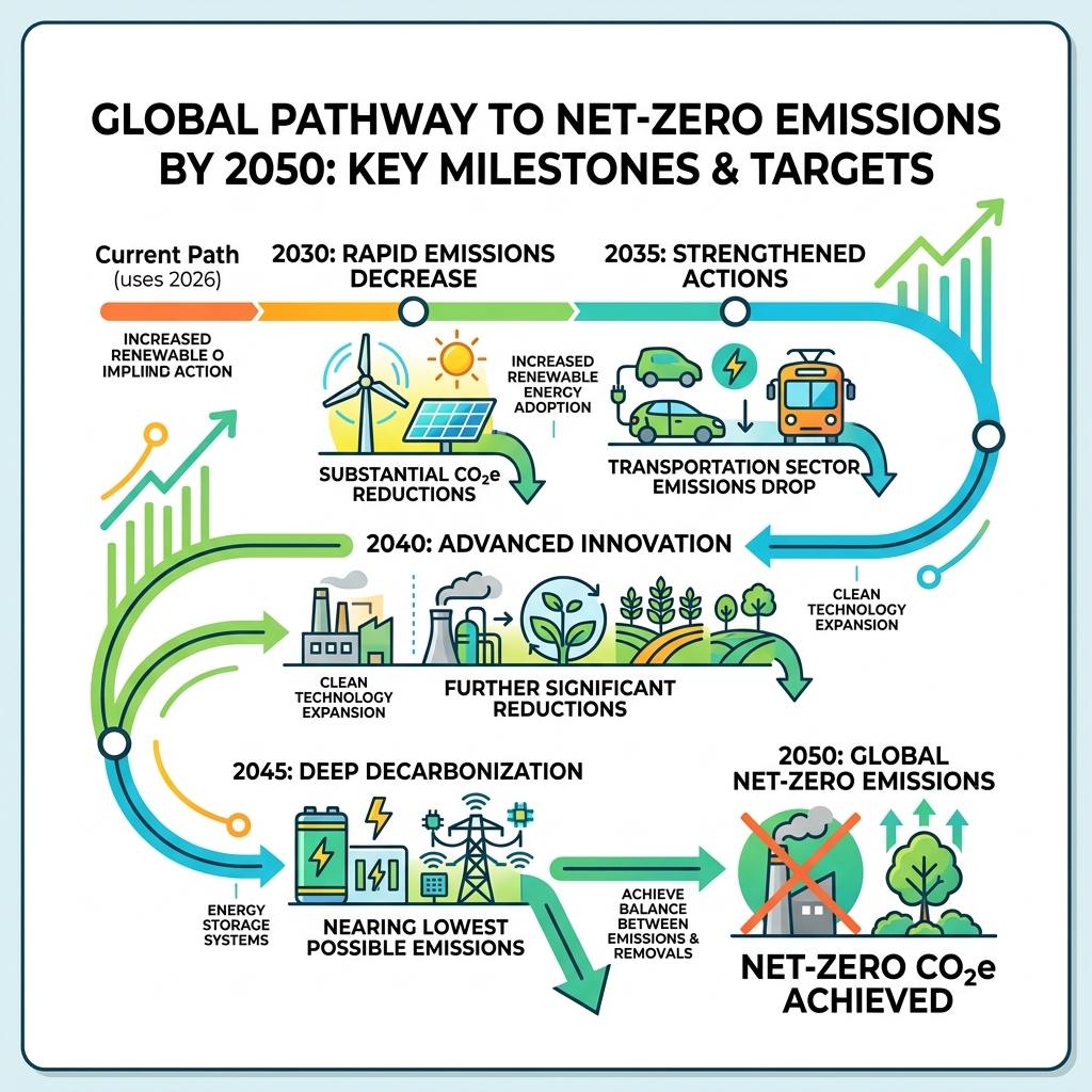 Global pathway to net-zero emissions by 2050 with key reduction milestones and targets - lessen carbon emission infographic 