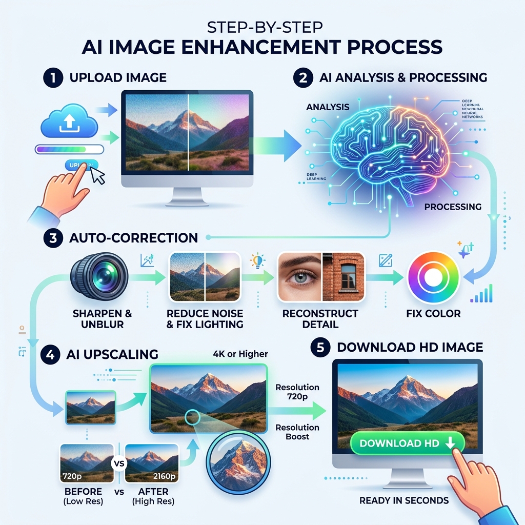 Step-by-step AI image enhancement process from upload to HD download - get better quality image online infographic Step-by-step AI image enhancement process from upload to HD download - get better quality image online infographic