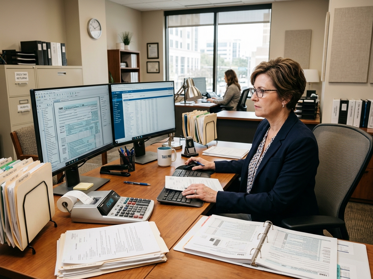 Tax professional reviewing digital tax records for an audit - IRS audit transcript retrieval