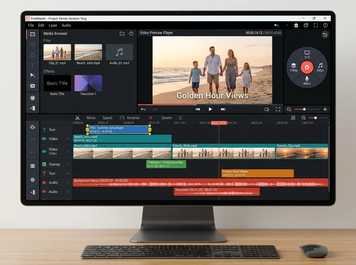 Multi-layer timeline in KineMaster showing video, audio, and text tracks - kinemaster for pc without watermark download Multi-layer timeline in KineMaster showing video, audio, and text tracks - kinemaster for pc without watermark download