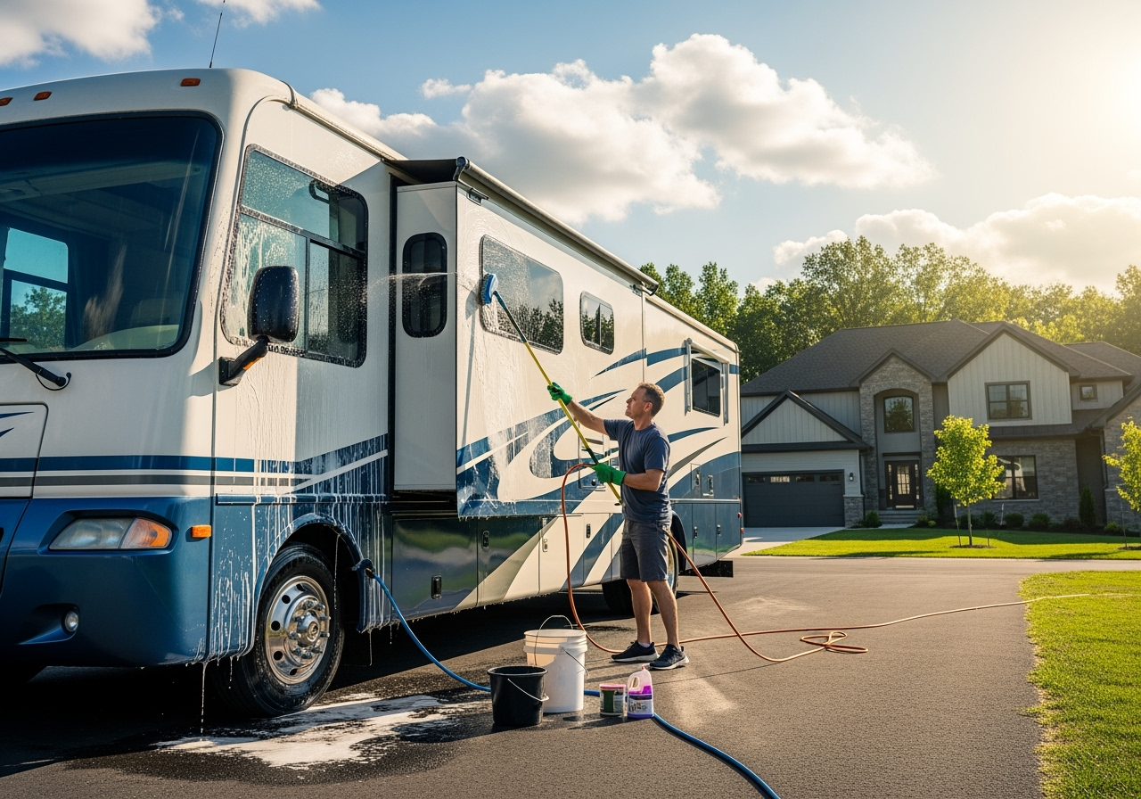 Someone washing and waxing their RV before storage - RV storage options Someone washing and waxing their RV before storage - RV storage options
