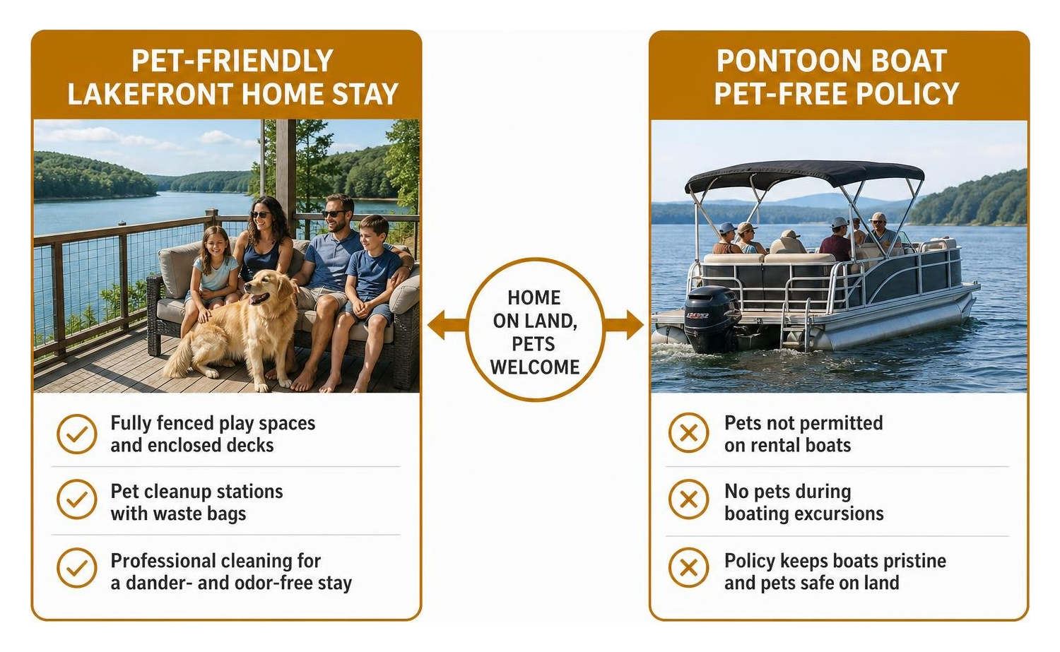 Flowchart showing pet-friendly lakefront home stay paired with pet-free pontoon boat policy