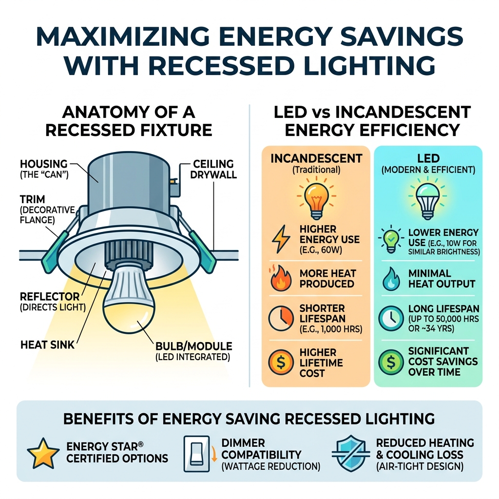 Infographic showing components of a recessed light fixture and LED energy savings vs incandescent - energy saving recessed