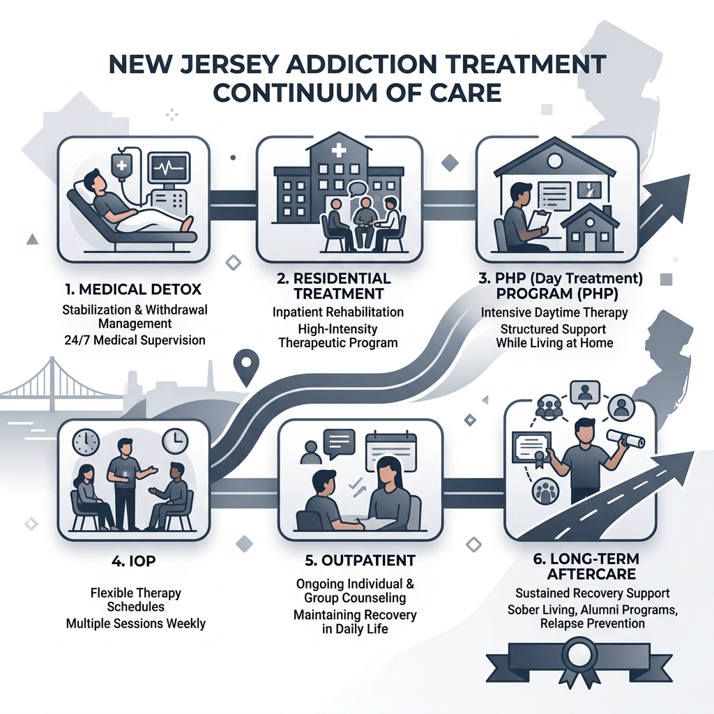 Infographic showing continuum of care from detox through residential treatment, PHP, IOP, outpatient, and long-term