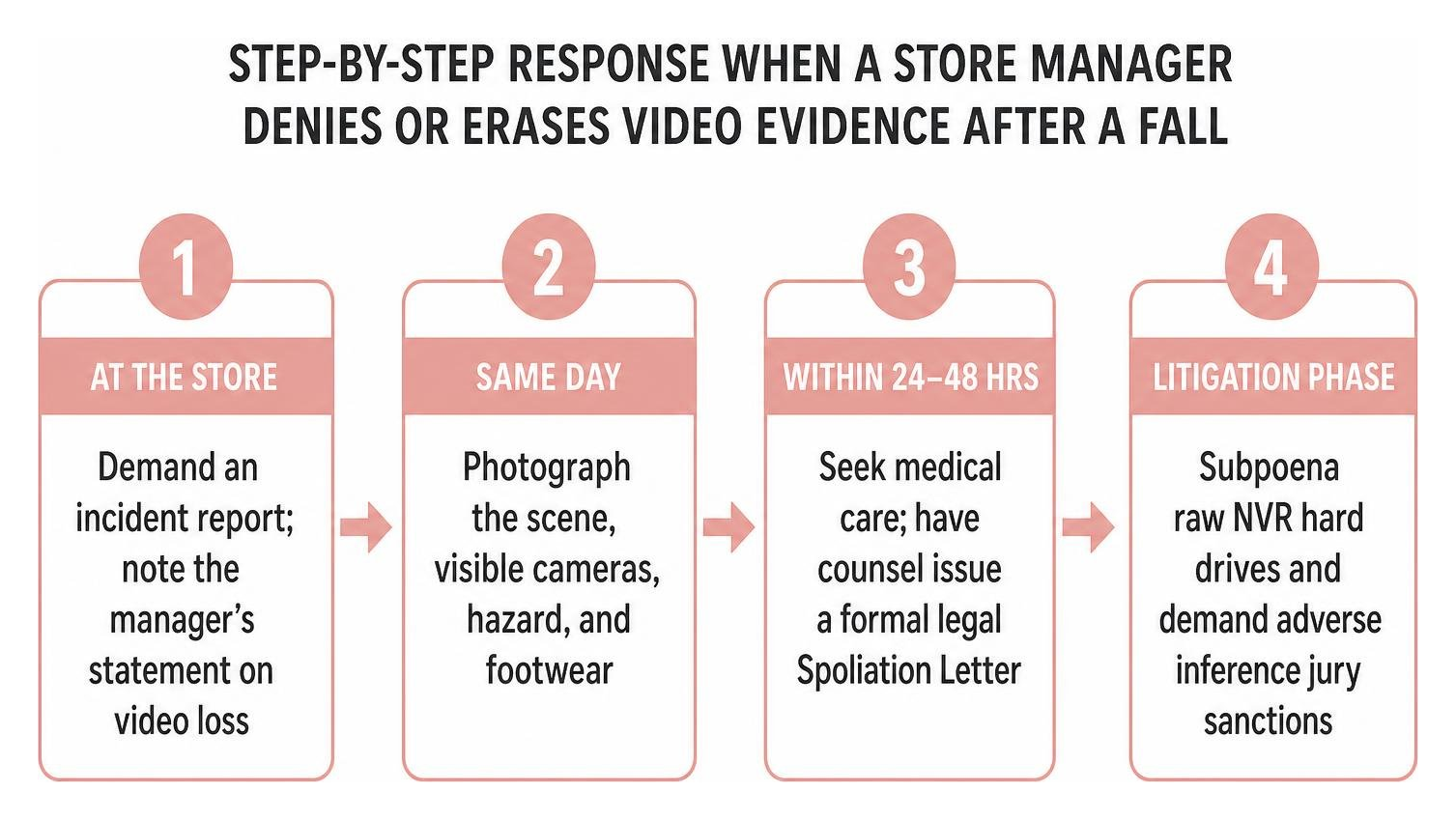 Step-by-step response when a store manager denies or erases video evidence after a fall Step-by-step response when a store manager denies or erases video evidence after a fall