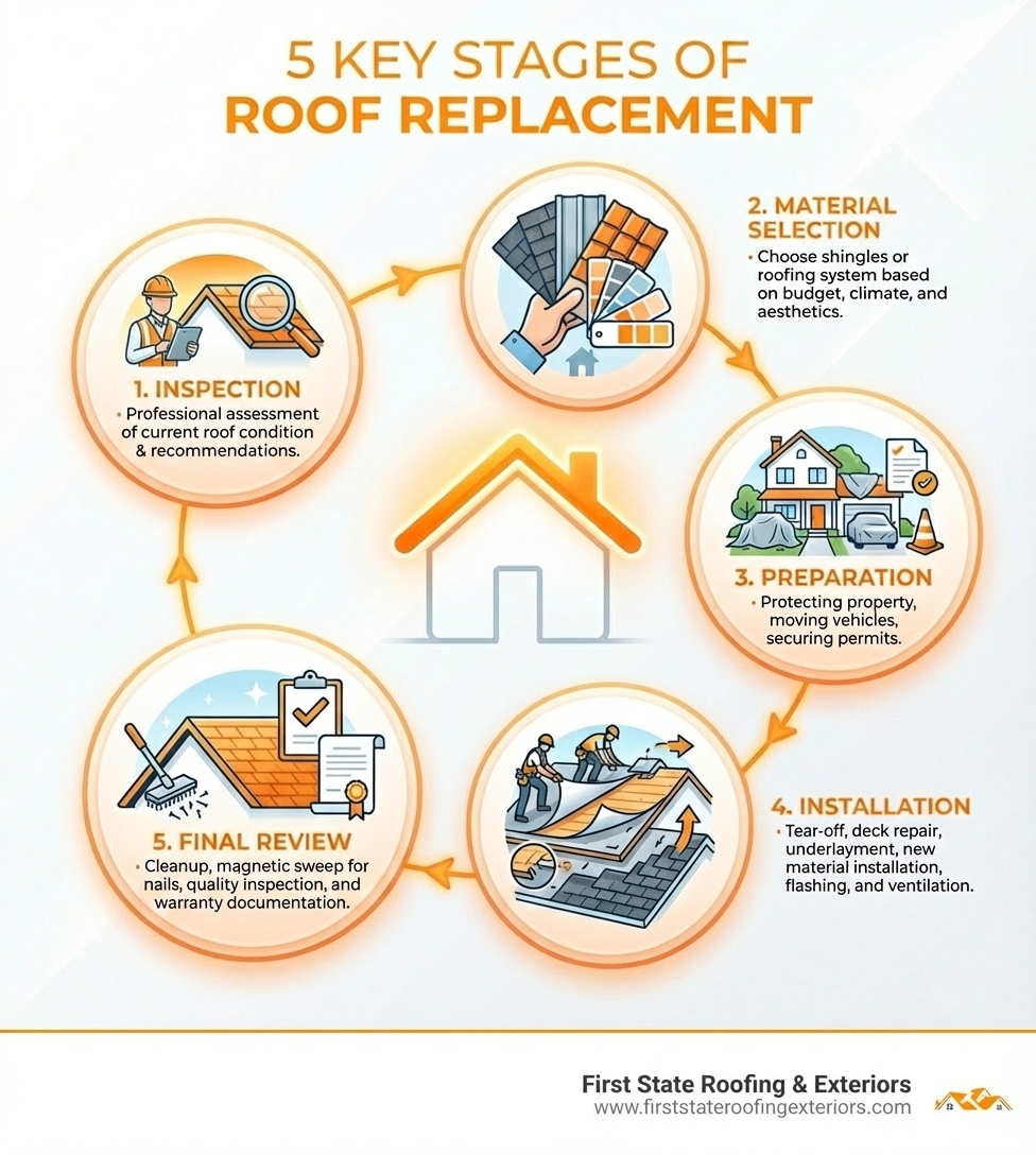 Infographic showing the 5 key stages of roof replacement: 1. Inspection - Professional assessment of current roof condition and recommendations; 2. Material Selection - Choosing shingles or roofing system based on budget, climate, and aesthetics; 3. Preparation - Protecting property, moving vehicles, securing permits; 4. Installation - Tear-off, deck repair, underlayment, new material installation, flashing, and ventilation; 5. Final Review - Cleanup, magnetic sweep for nails, quality inspection, and warranty documentation - getting a new roof infographic 