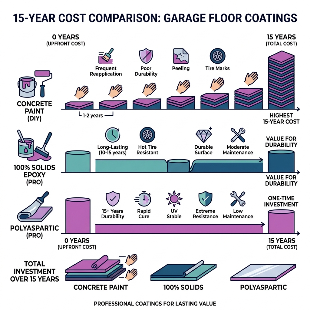 15-year cost comparison of concrete paint vs epoxy vs polyaspartic garage floor coatings - affordable garage floor coatings