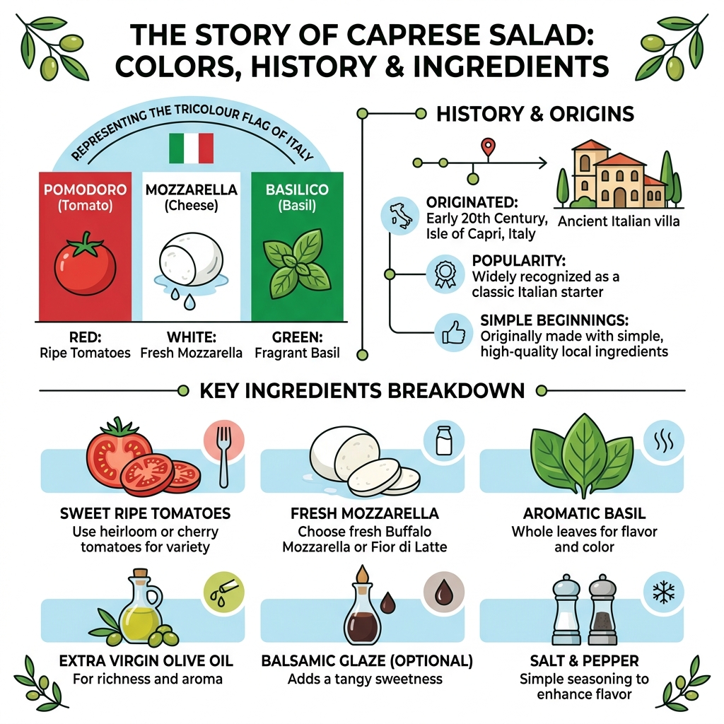 Caprese salad Italian flag colors history and ingredient breakdown infographic - mozzarella tomato basil appetizer recipes