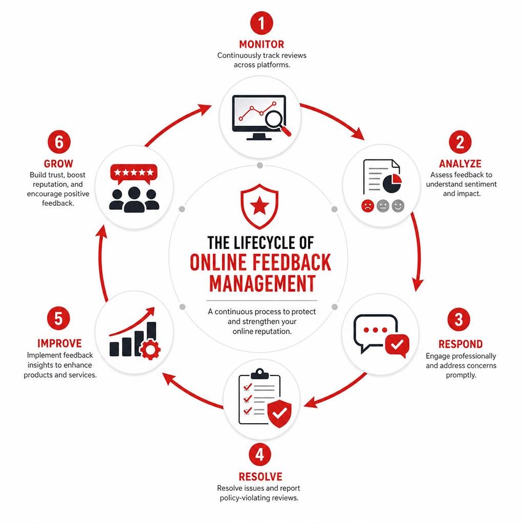 explaining the lifecycle of online feedback management infographic