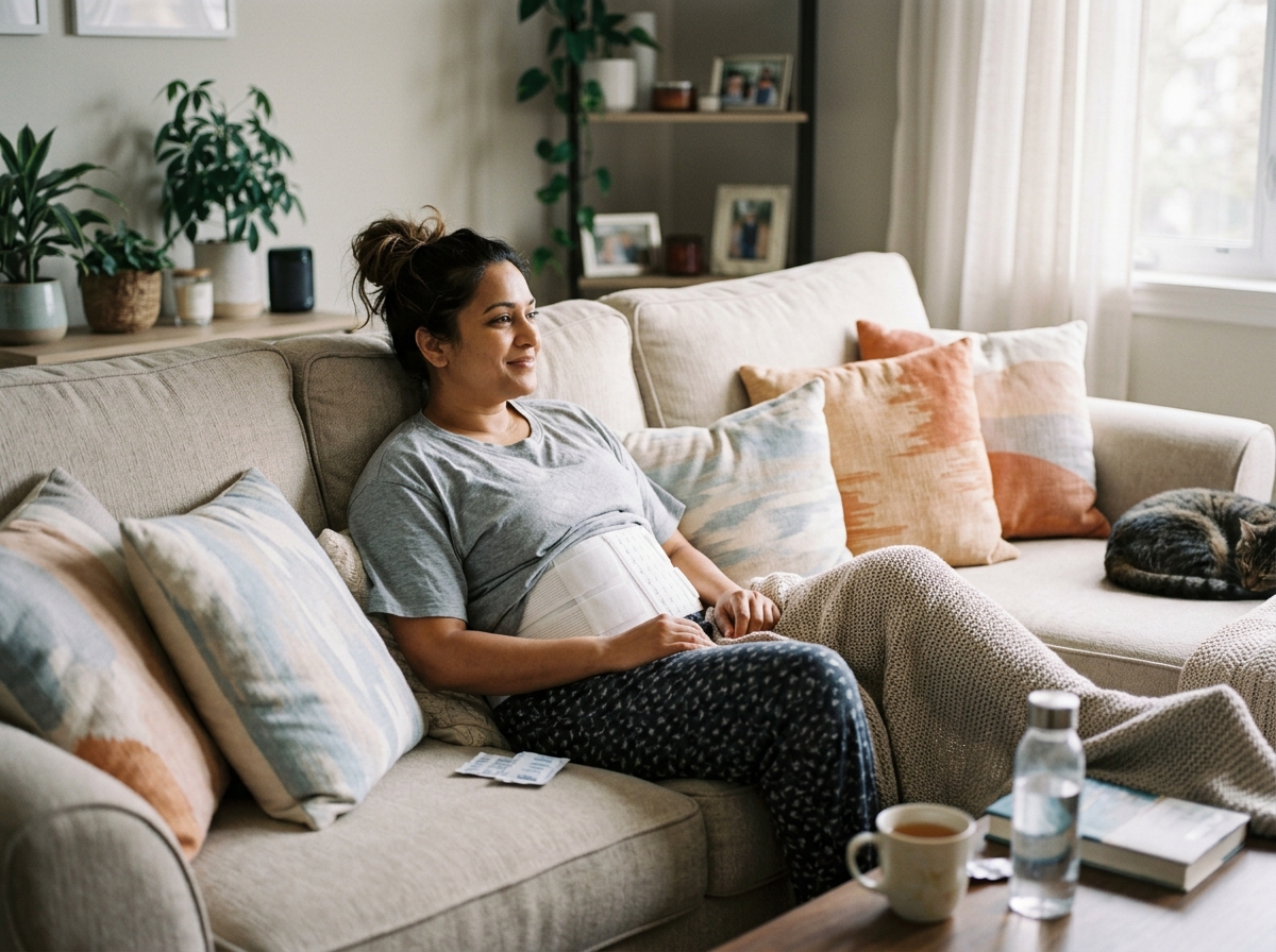 Patient in a comfortable recovery setting wearing a compression binder - tummy tuck surgery atlanta Patient in a comfortable recovery setting wearing a compression binder - tummy tuck surgery atlanta