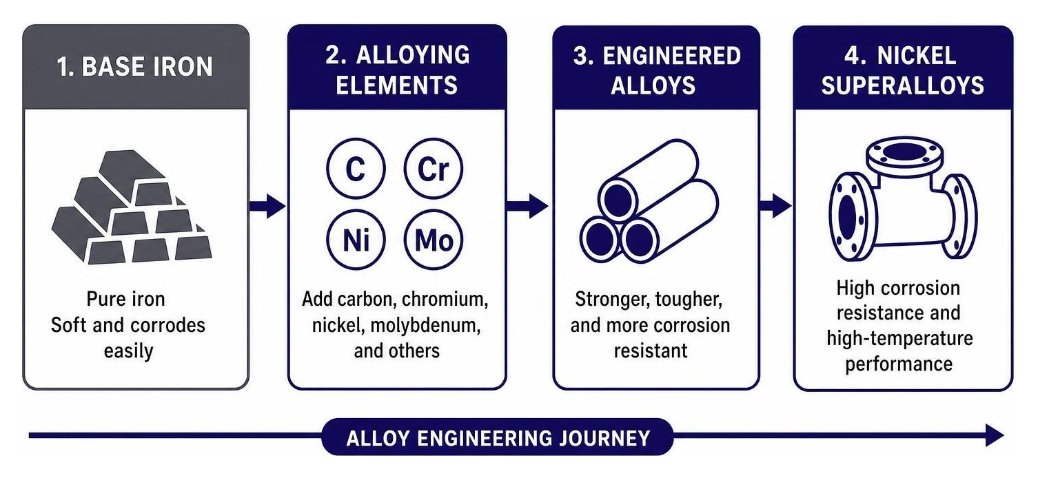 Alloy engineering from base iron to corrosion and high-temperature nickel superalloys Alloy engineering from base iron to corrosion and high-temperature nickel superalloys