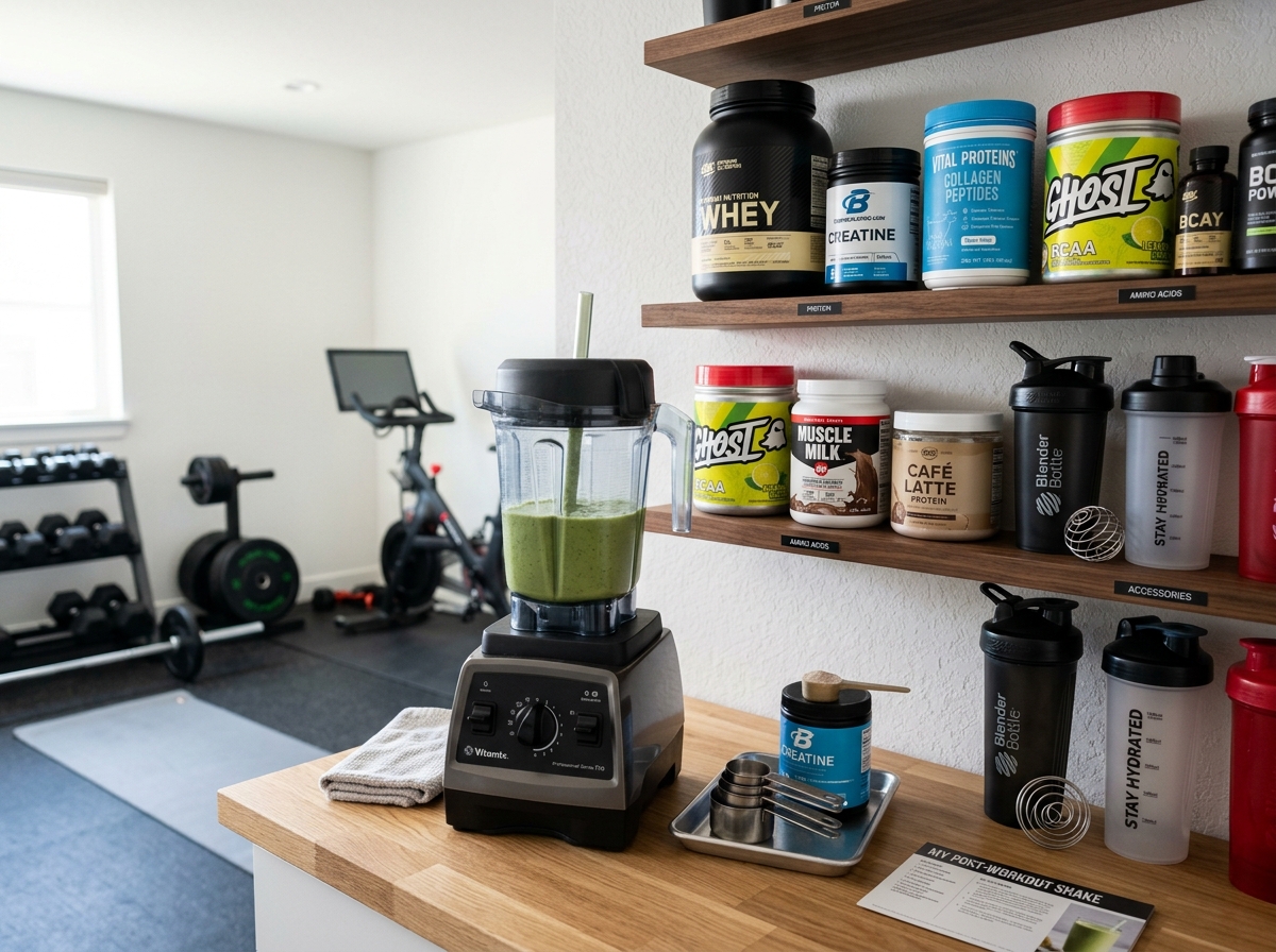 high-quality blender and organized supplement storage - health bar gym high-quality blender and organized supplement storage - health bar gym